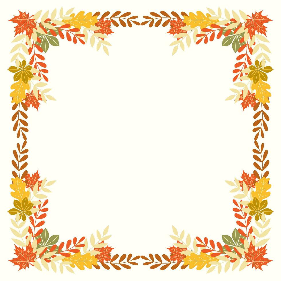 Clip art of hand drawn square wreath of Autumn leaves on isolated background. Floral frame for Autumn harvest, Thanksgiving, Halloween and seasonal celebration, textile, scrapbooking, paper crafts. vector