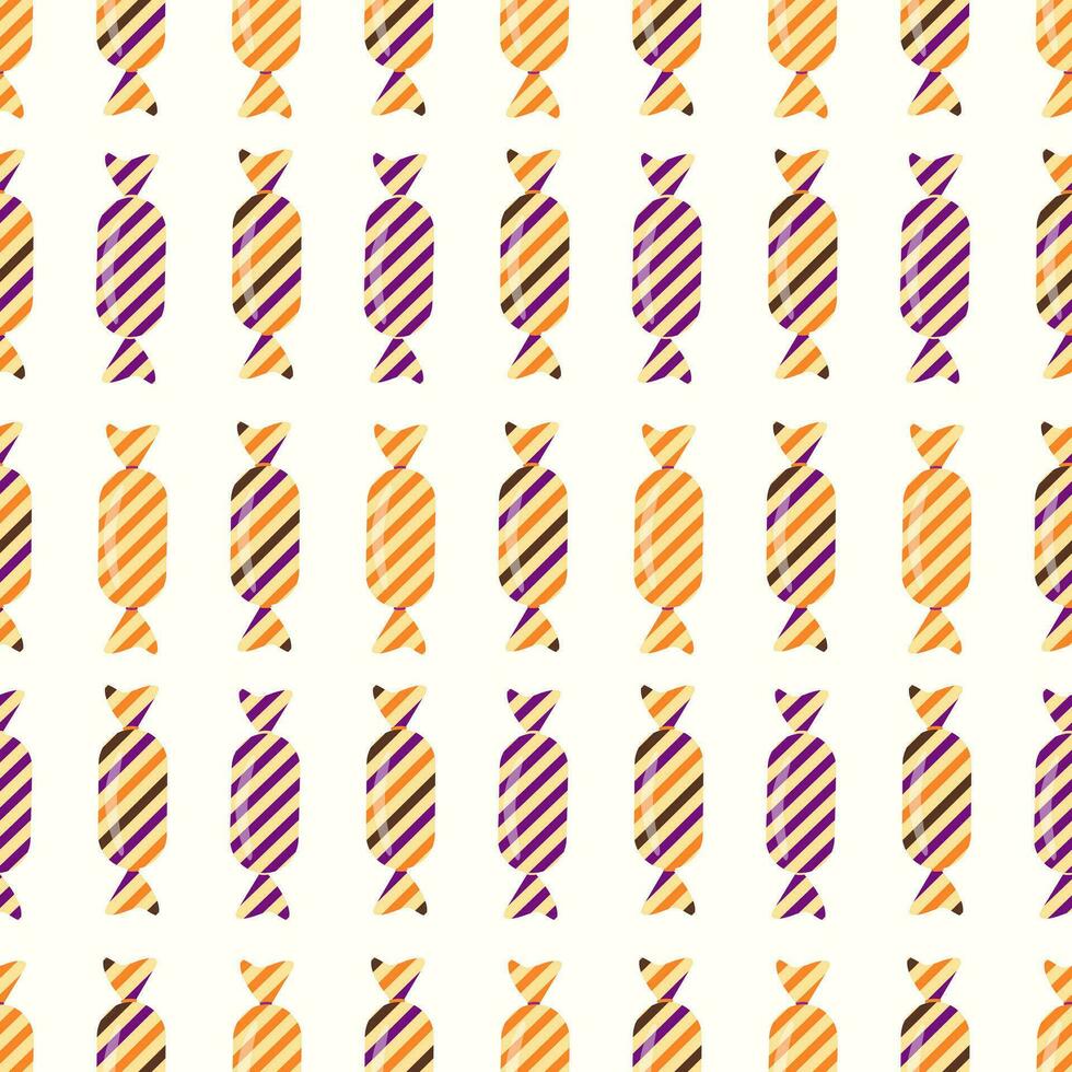 Seamless pattern of Halloween trick or treat candies on isolated background. Background in traditional colours for Halloween celebration, textiles, wall papers, wrapping paper, scrapbooking. vector