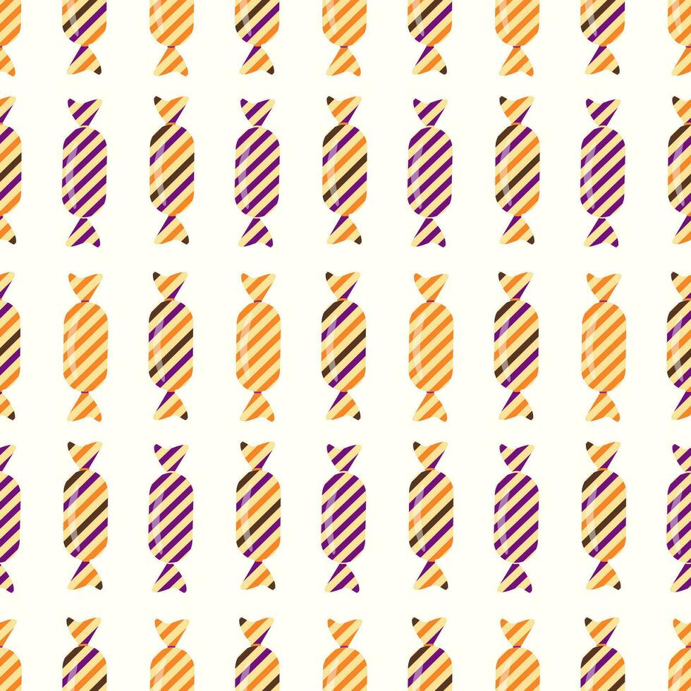 Seamless pattern of Halloween trick or treat candies on isolated background. Background in traditional colours for Halloween celebration, textiles, wall papers, wrapping paper, scrapbooking. vector