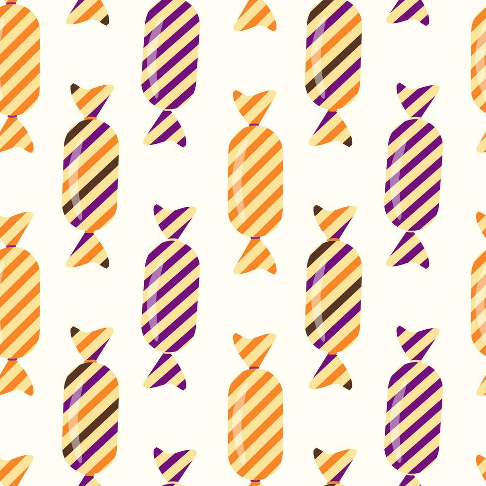 Seamless pattern of Halloween trick or treat candies on isolated background. Background in traditional colours for Halloween celebration, textiles, wall papers, wrapping paper, scrapbooking. vector