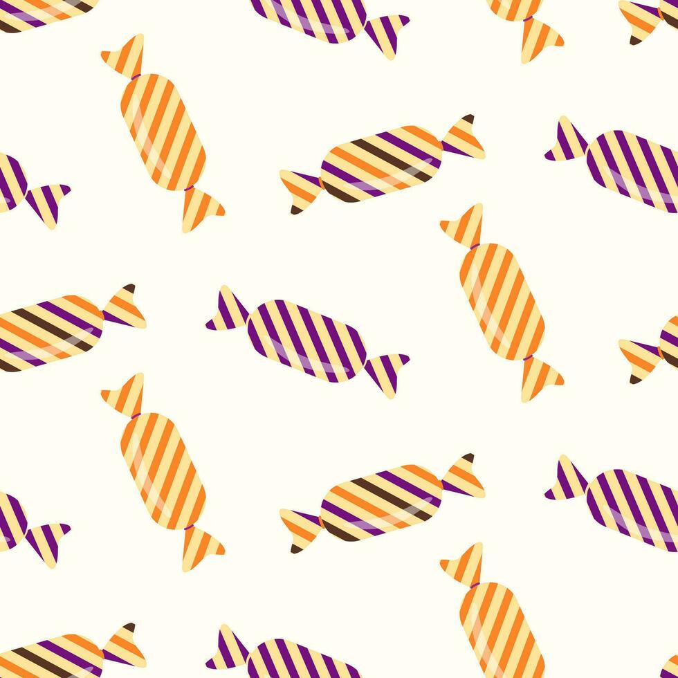 Seamless pattern of Halloween trick or treat candies on isolated background. Background in traditional colours for Halloween celebration, textiles, wall papers, wrapping paper, scrapbooking. vector