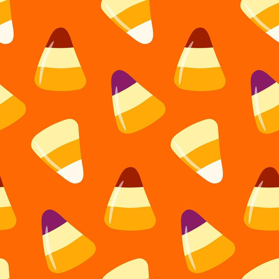 Seamless pattern of Halloween trick or treat candies on isolated background. Background in traditional colours for Halloween celebration, textiles, wall papers, wrapping paper, scrapbooking. vector