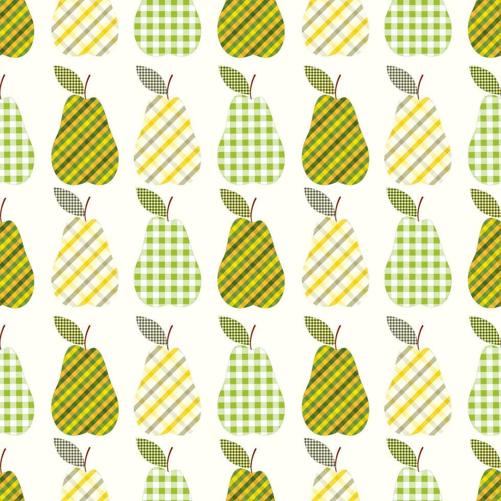 Seamless pattern of pears in tartan texture, on isolated background. Hand drawn background for Autumn harvest holiday, Thanksgiving, Halloween, seasonal, textile, scrapbooking. vector