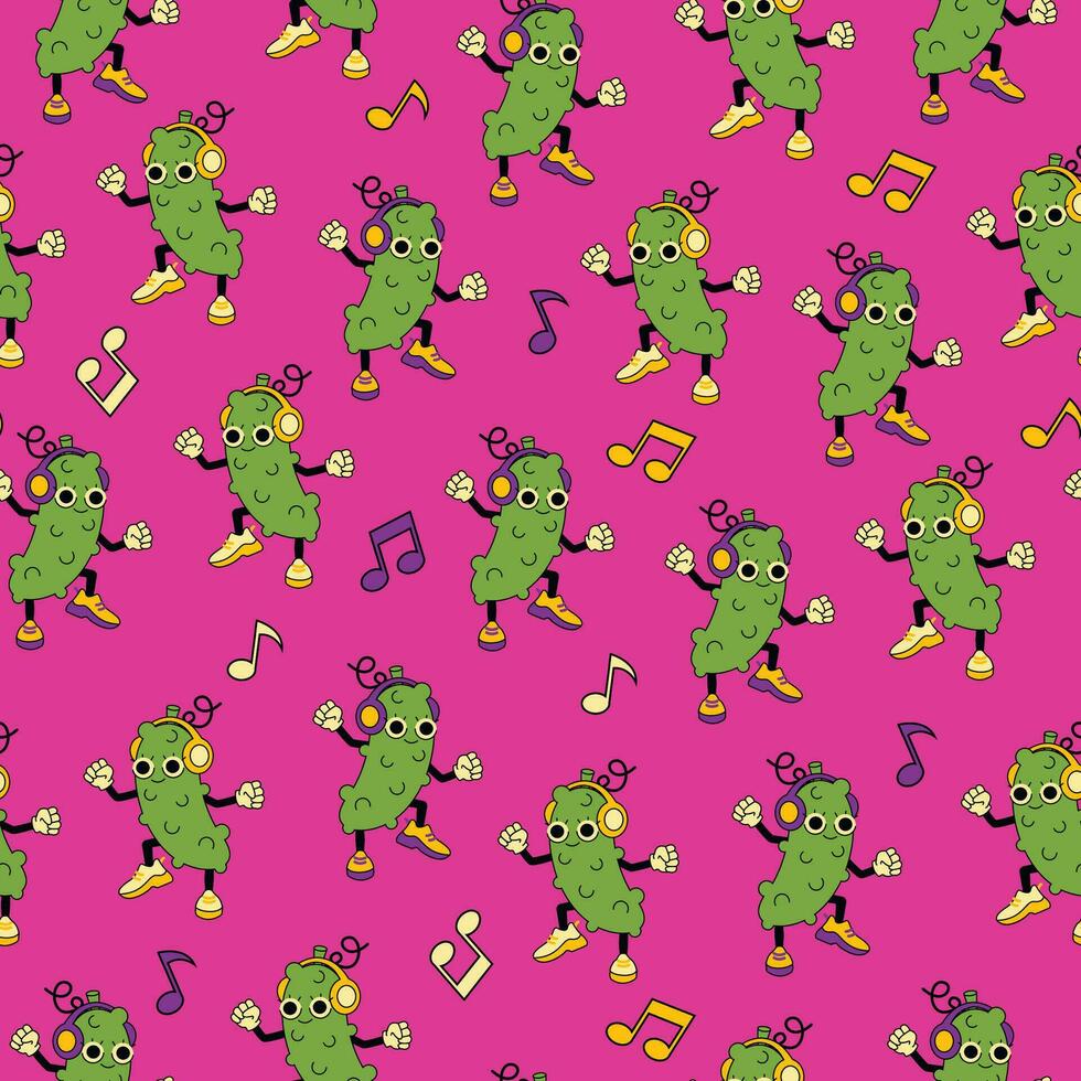 Seamless cute pattern with a dancing pickle in headphones. Vector graphic.