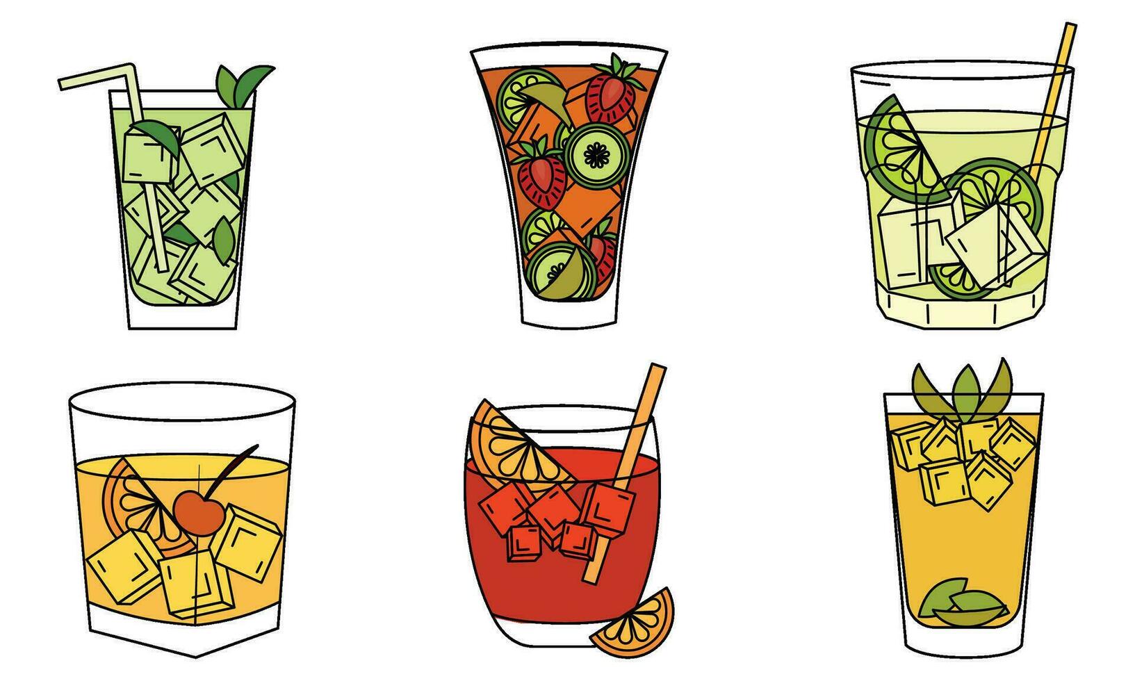 Set of colored tropical cocktail sketch icons Vector