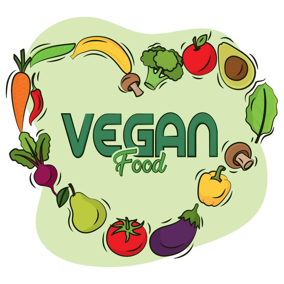 grupo de frutas y vegetales haciendo un corazón forma vegano estilo de vida vector