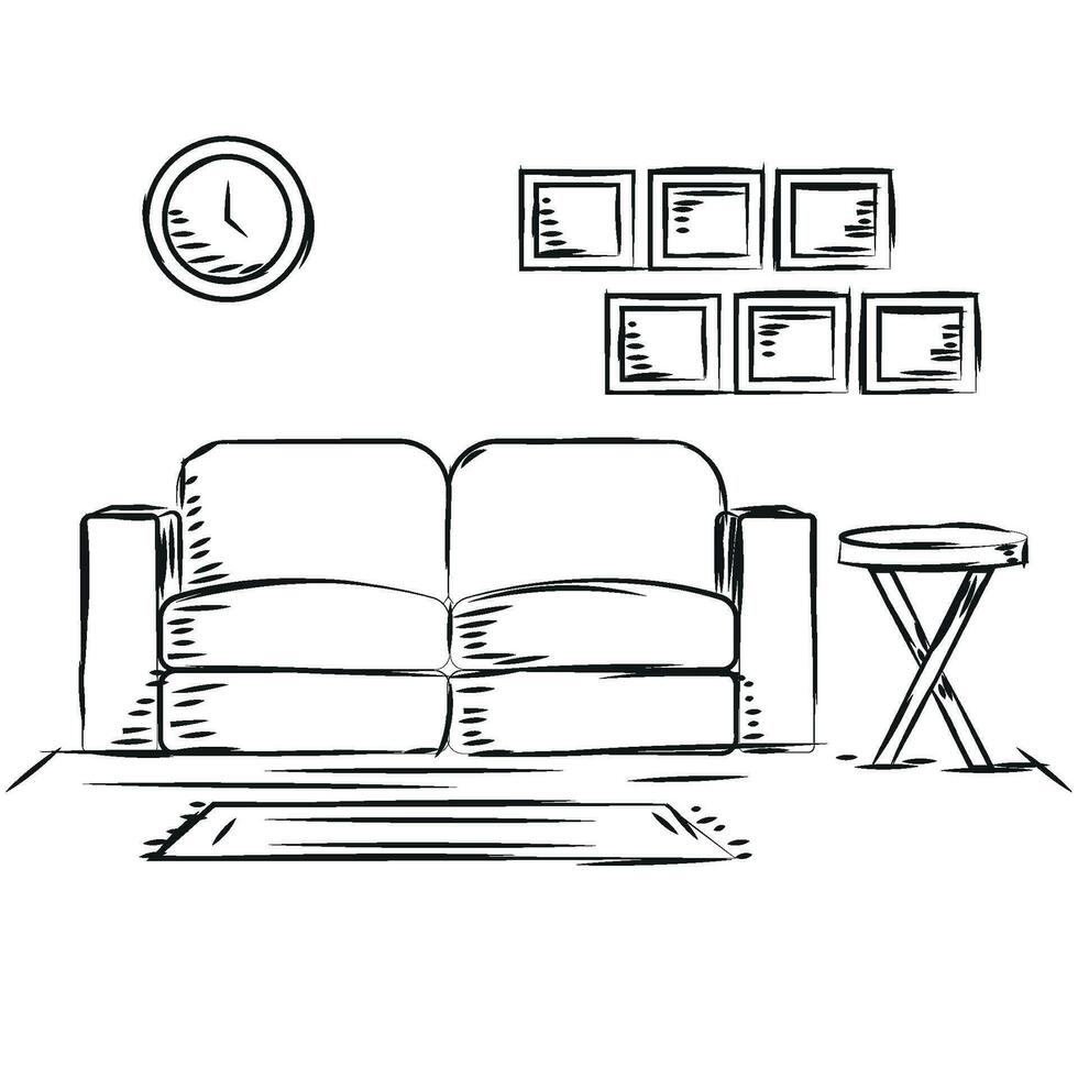 Sketch of a living room design with couch and a table Vector