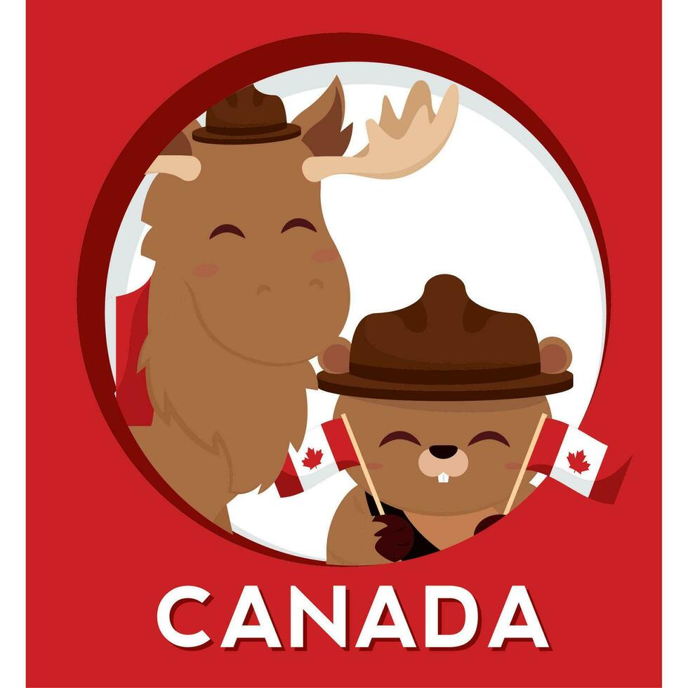 Cute moose and beaver with forest ranger hats and flags of Canada Vector