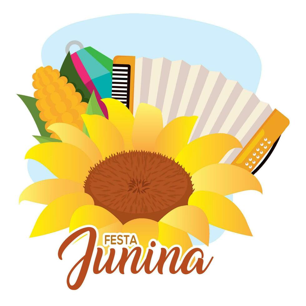 festa junina modelo con acordeón maíz y un maíz vector