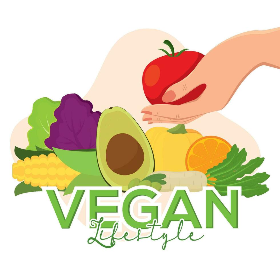 Hand holding an apple next to fruits and vegetables Vegan lifestyle Vector