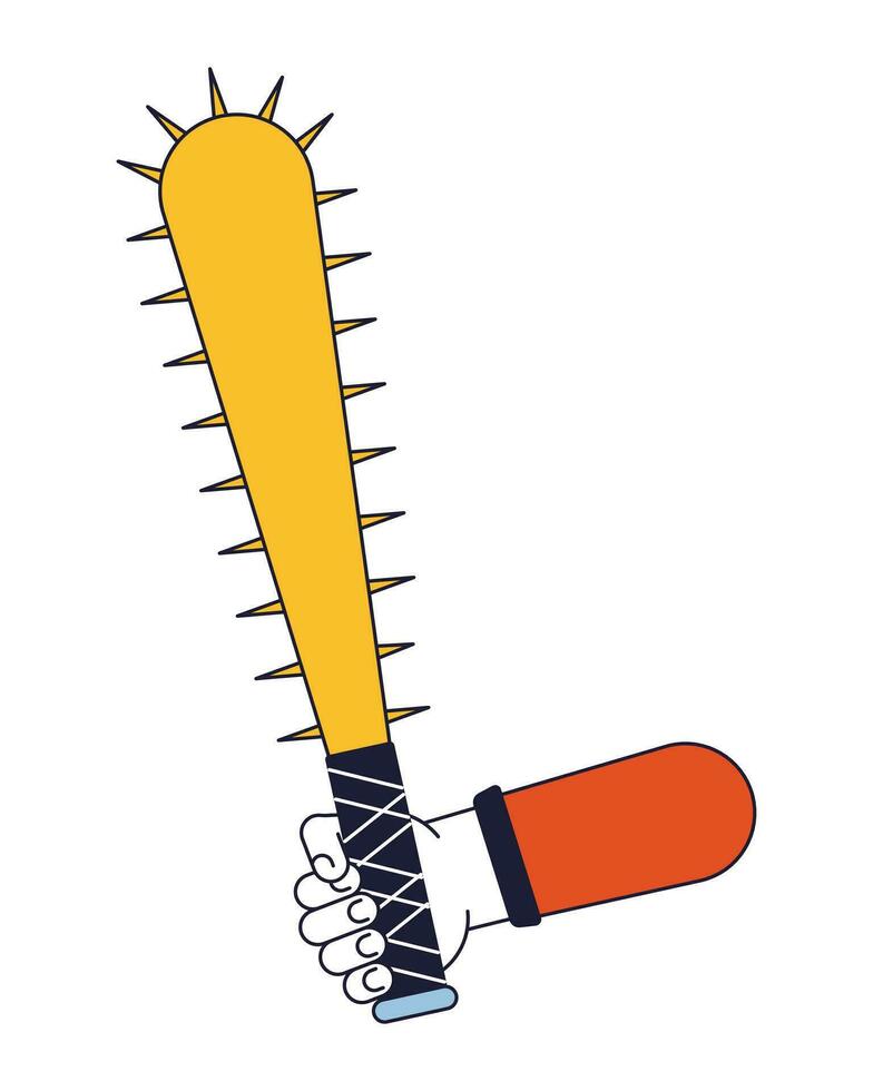 Holding baseball bat with nails flat line concept vector spot illustration. Dangerous weapon 2D cartoon outline hand on white for web UI design. Fight editable isolated color hero image