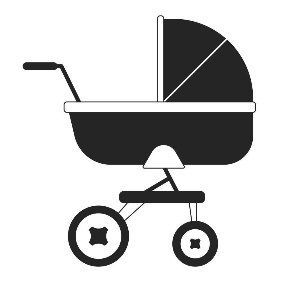 Baby strollerflat monochrome isolated vector object. Small bed on four wheels. Editable black and white line art drawing. Simple outline spot illustration for web graphic design