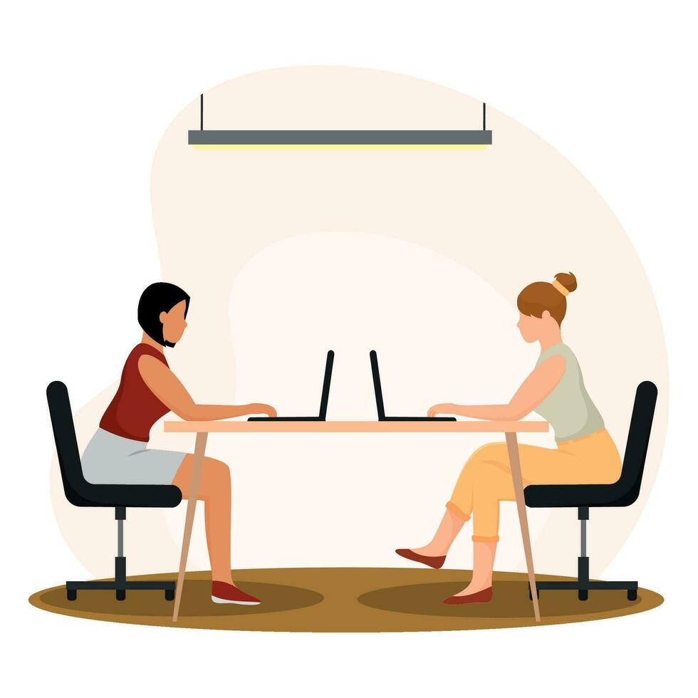 Pair of girl characters working on a coworking office Vector