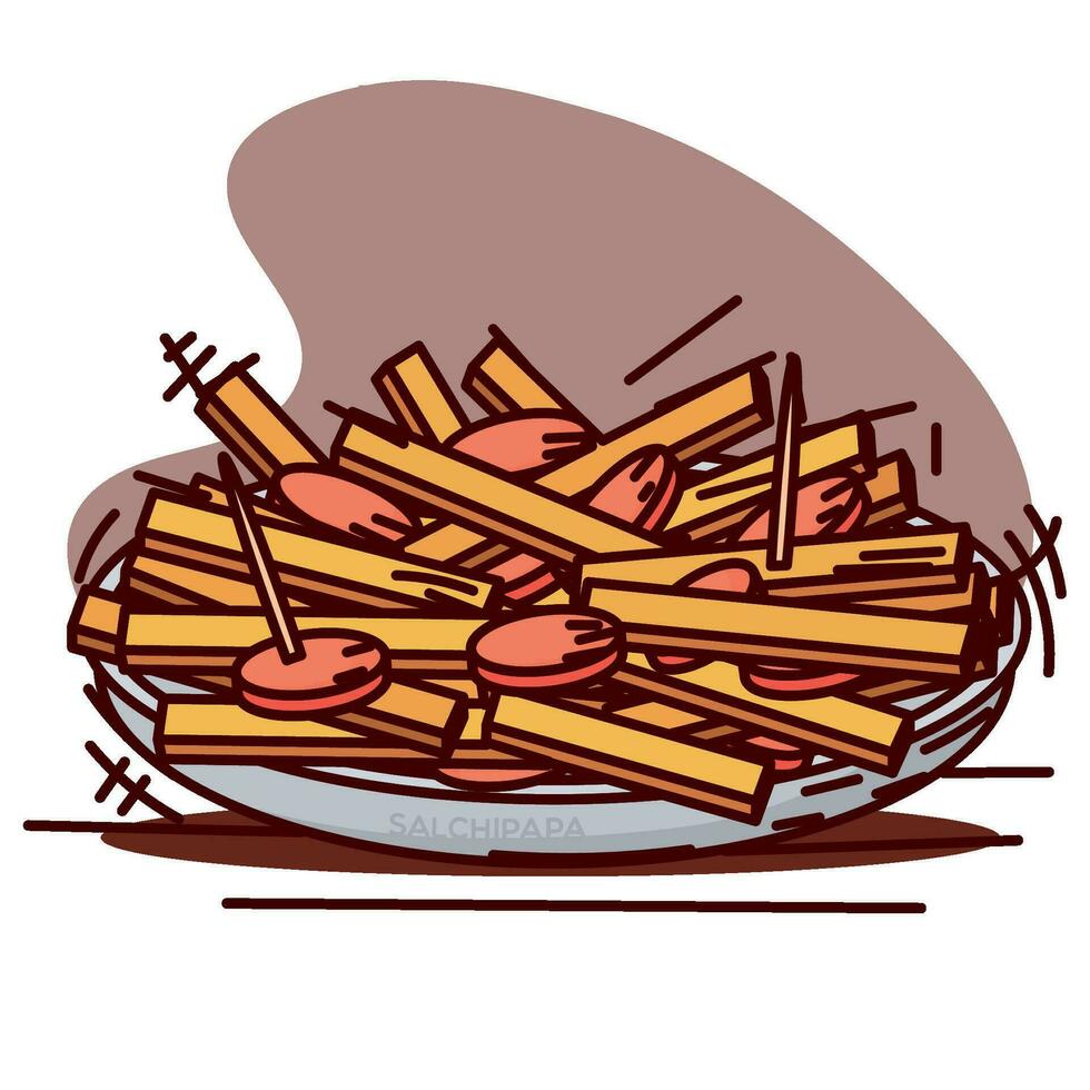 aislado de colores retro salchicha y francés papas fritas bosquejo imagen vector