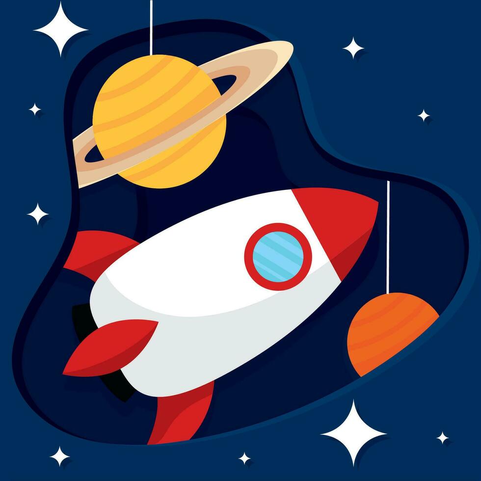 Layered view of outer space with rocket and planets Vector