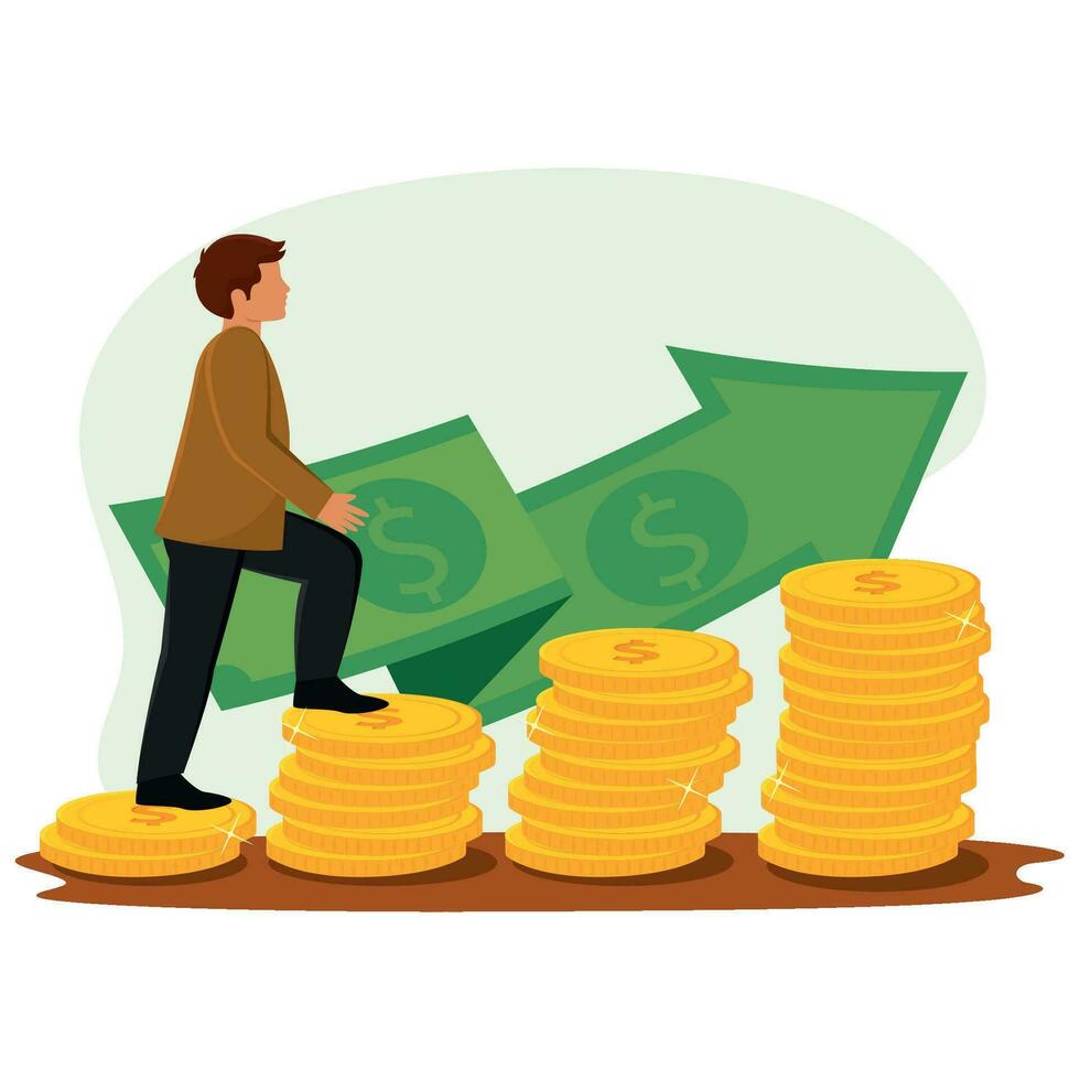 Businessman walking on pile of golden coins Finance icon Vector