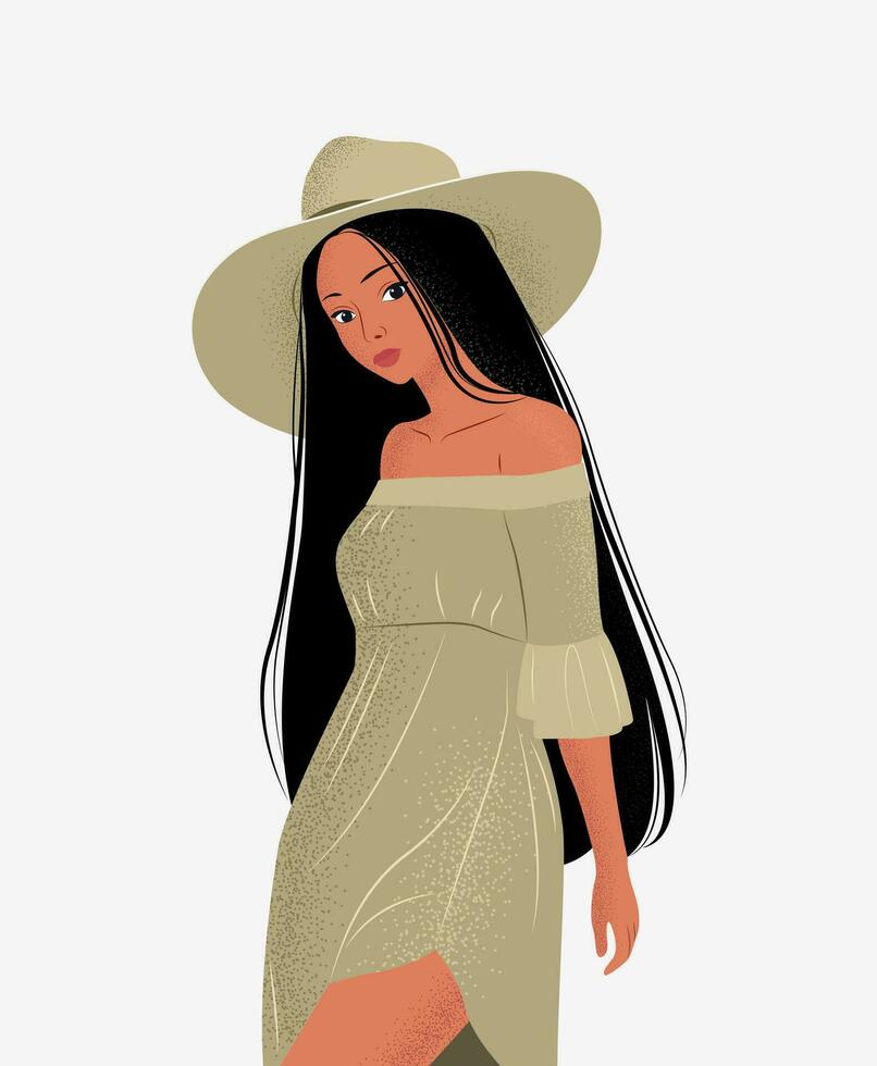 Vector vertical poster. Cute illustration of a woman in a dress and a hat. long straight black hair. Postcard for the holiday of woman or girl. Web poster, banner, cover.