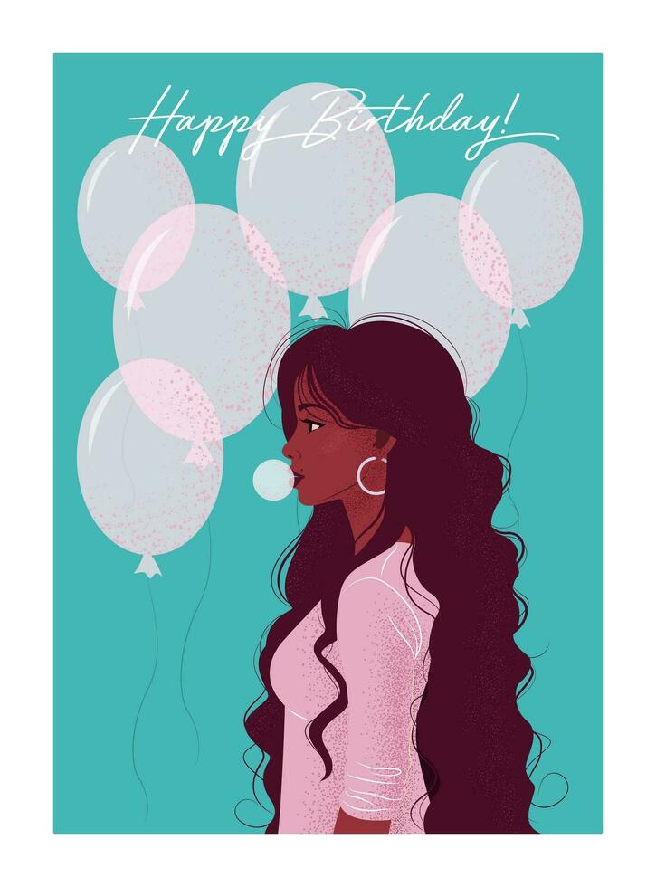 contento cumpleaños tarjeta. vector linda ilustración de un mujer en rosado vestir largo Rizado pelo con chicle. tarjeta postal para el fiesta de mujer o muchacha. felicidades póster con globos cumpleaños fiesta