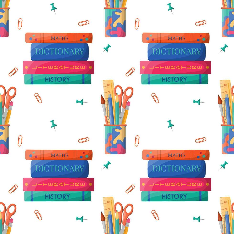 Seamless pattern of school stationery in holder and books. Back to school and education concept. Background for design wrapping, textile, wallpaper, social media, print, ad. Repeating vector