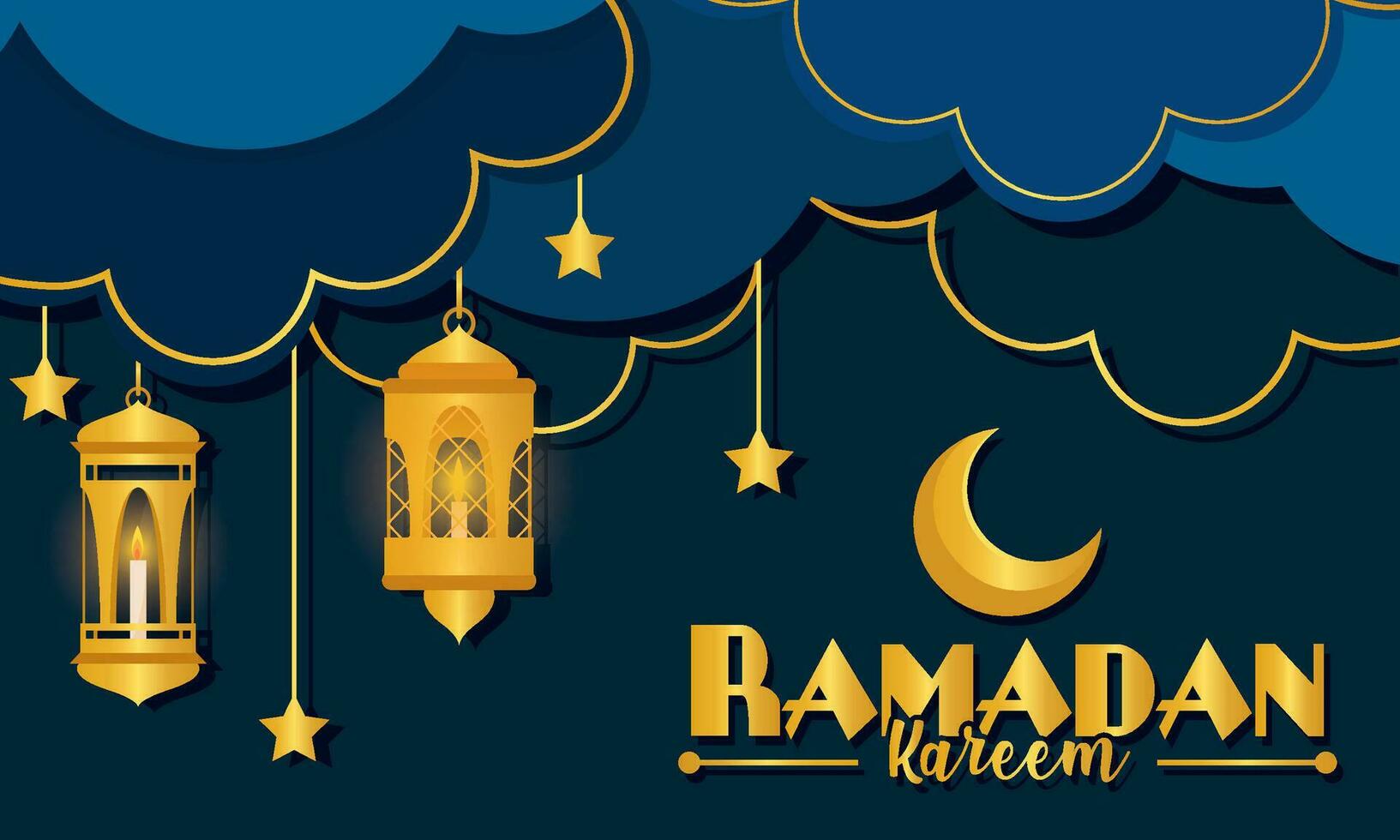 Clouds with golden moon and golden arab lanterns Ramadan Kareem Vector