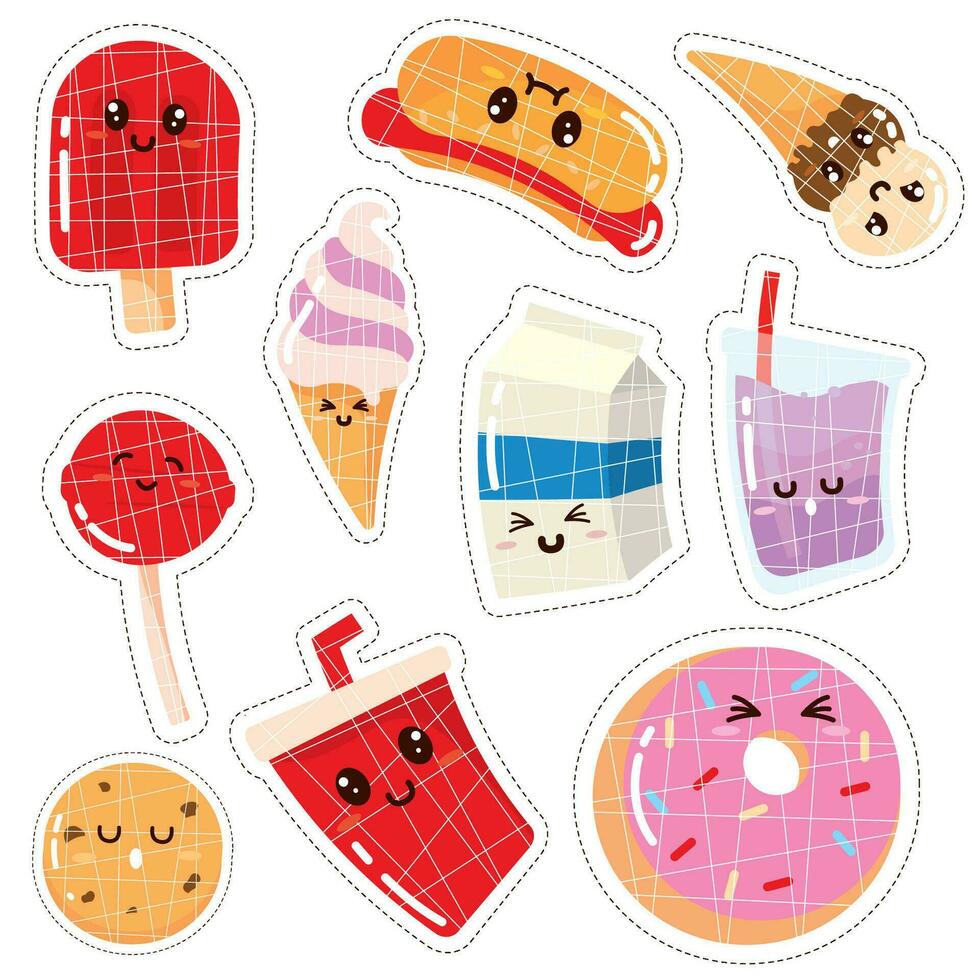 Set of colored cute food emoji icons Vector