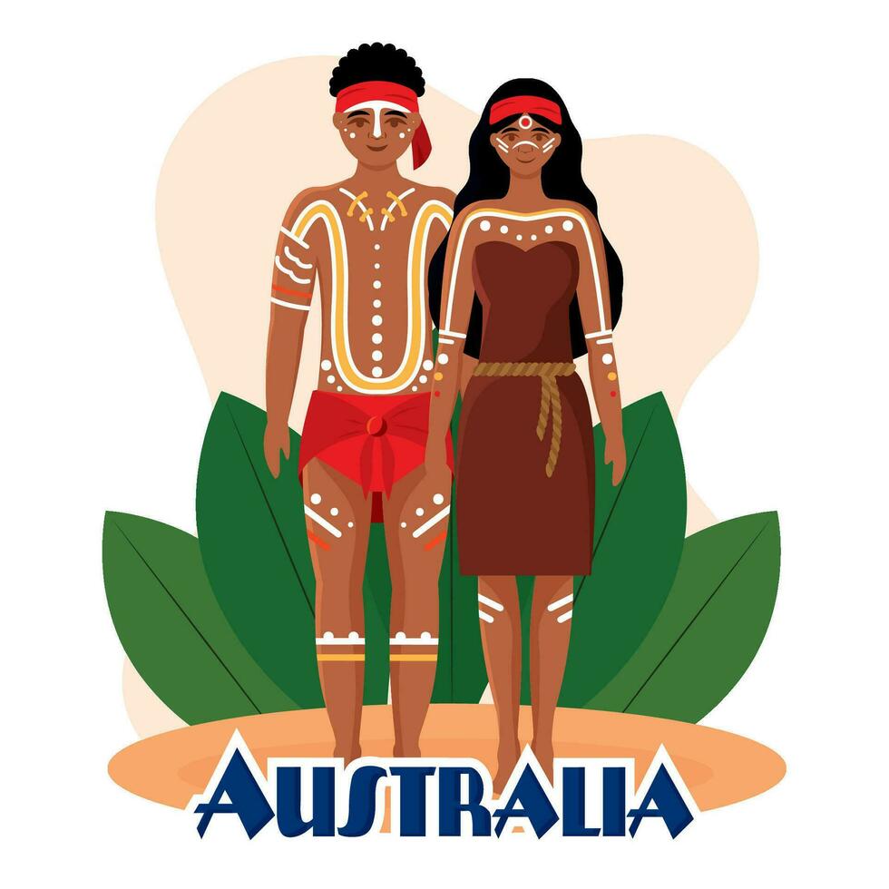 aislado nativo Pareja australiano caracteres con tradicional ropa vector