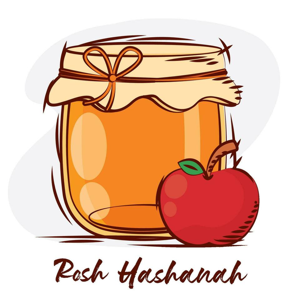 Colored sketch of honey jar and apple Rosh Hashanah Vector