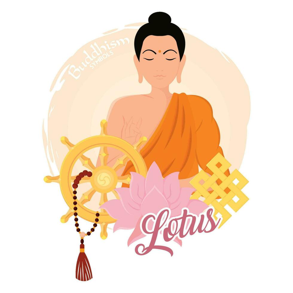 Buddha character with different buddhism items Vector