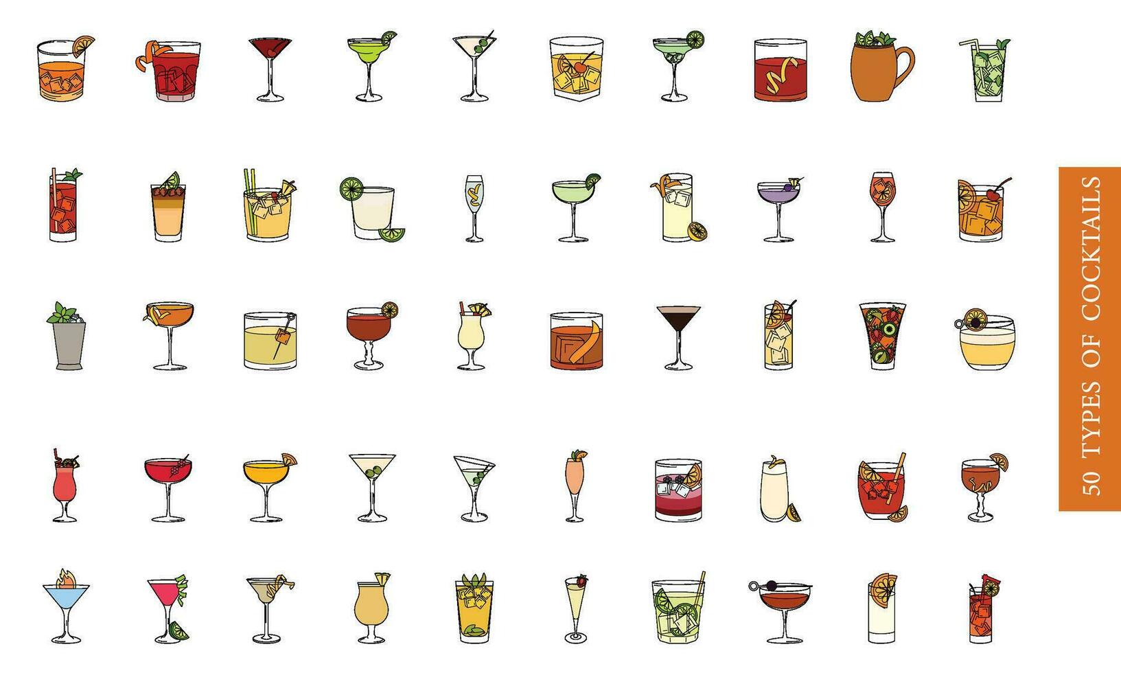 Set of colored tropical cocktail sketch icons Vector