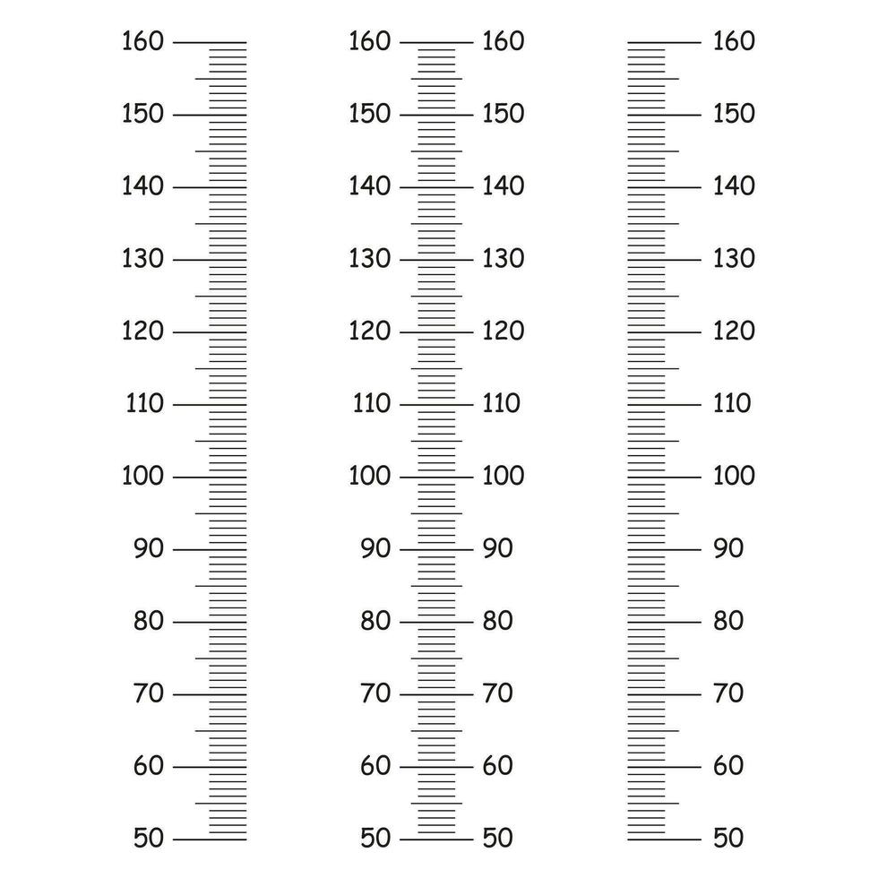 Kids height charts from 50 to 160 centimeters. Template for wall growth sticker isolated on a white background. Vector illustration. Meter wall or growth ruler. Stadiometer scale set. Eps icons.