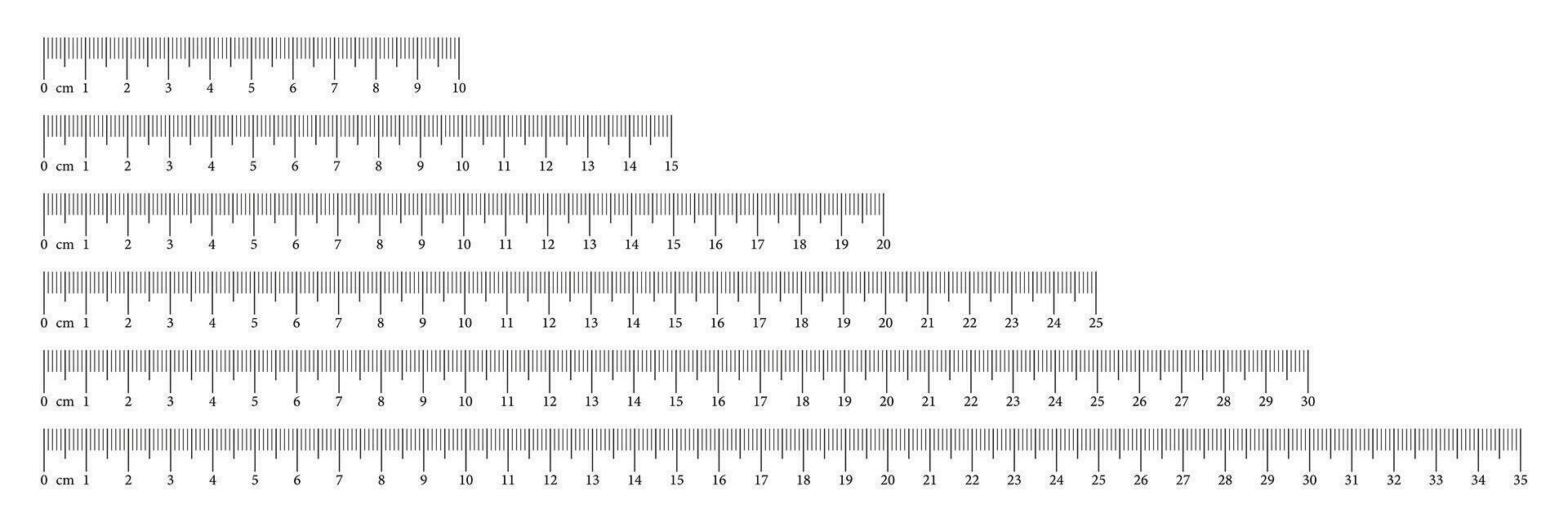 Measuring chart set with 10, 15, 20, 25, 30, 35 centimeters. Ruler scale collection with numbers. Length measurement math, distance, height, sewing tool. Vector illustration. Eps icons.