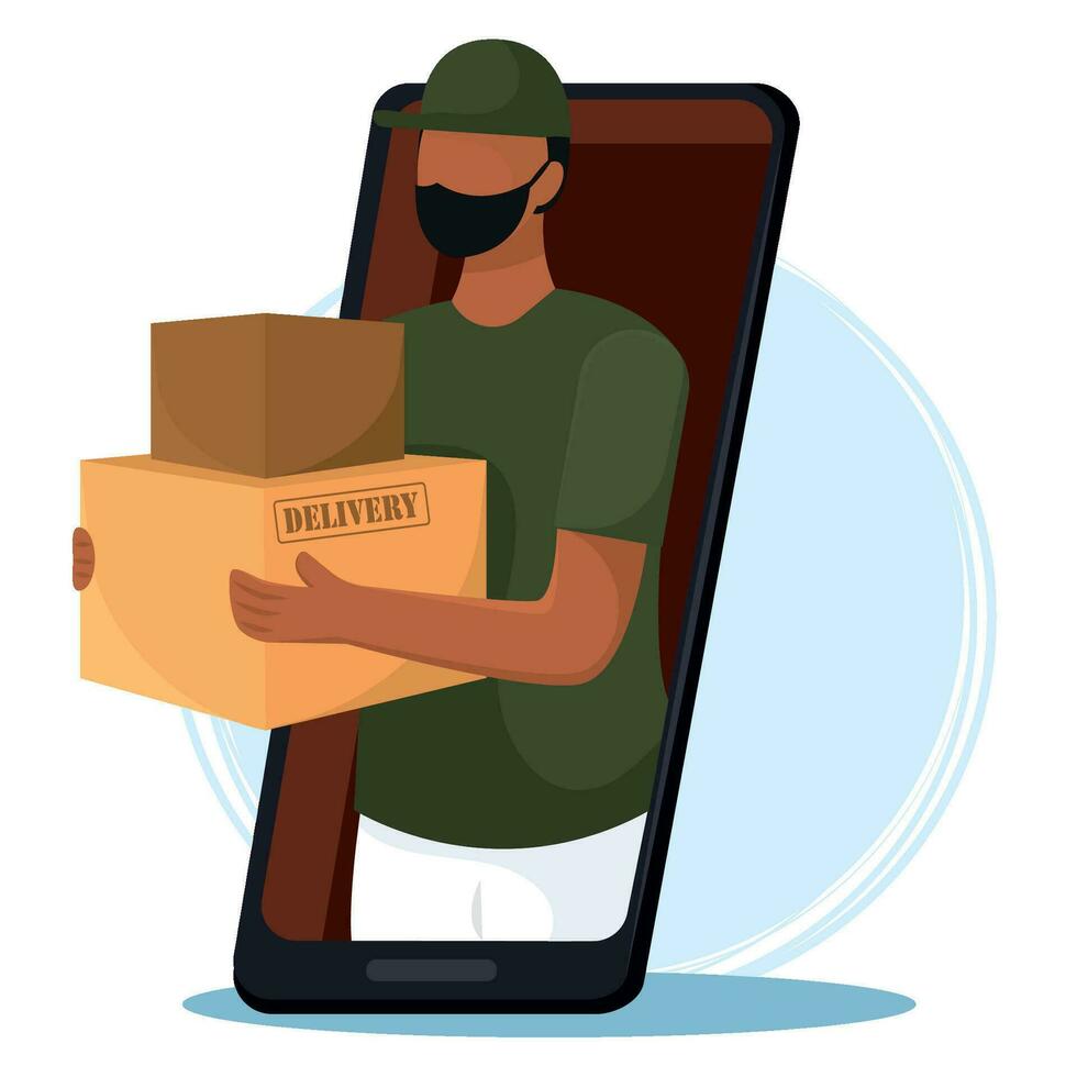 Smartphone with a delivery guy with boxes Vector