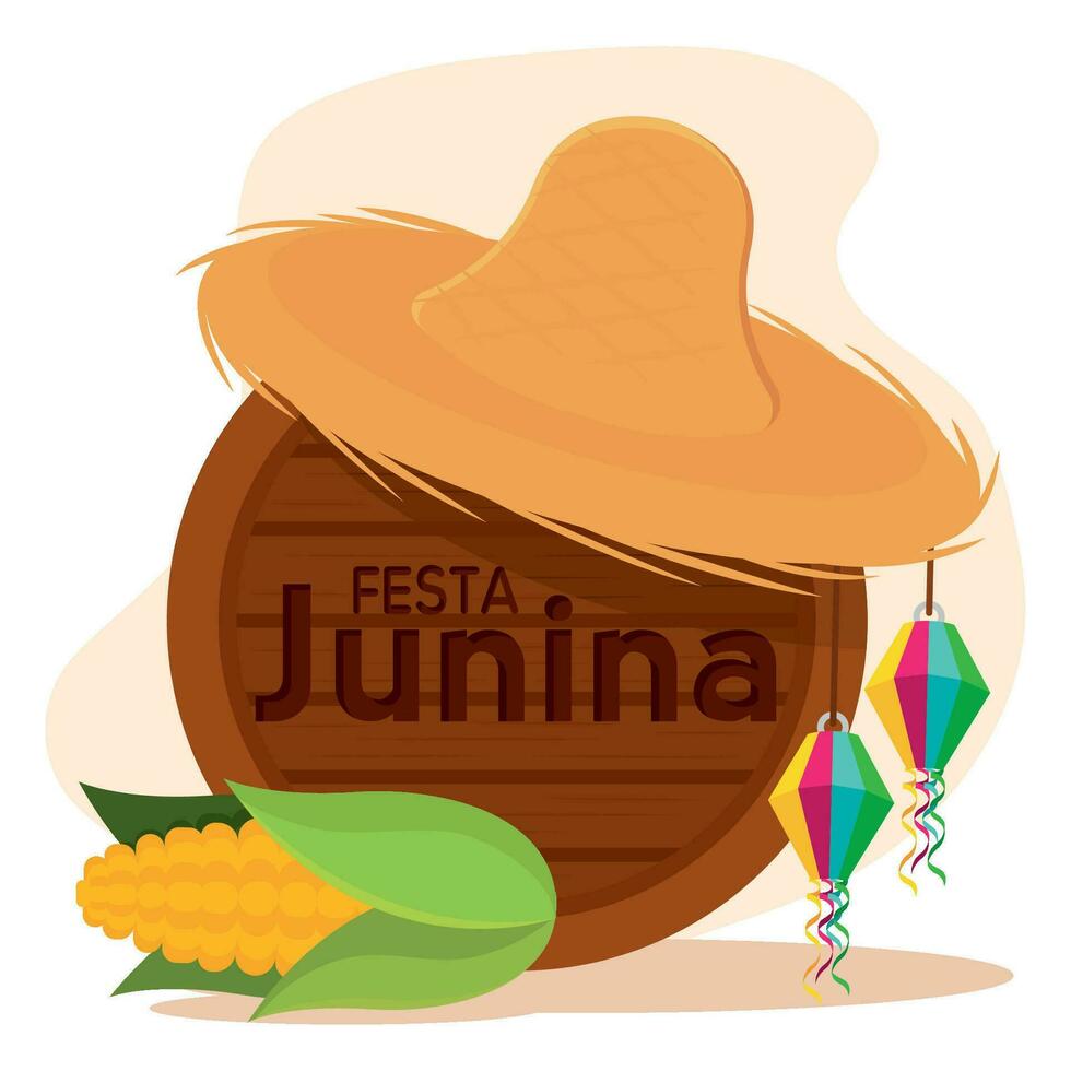 Festa Junina template with wooden barrel hat and a corn Vector