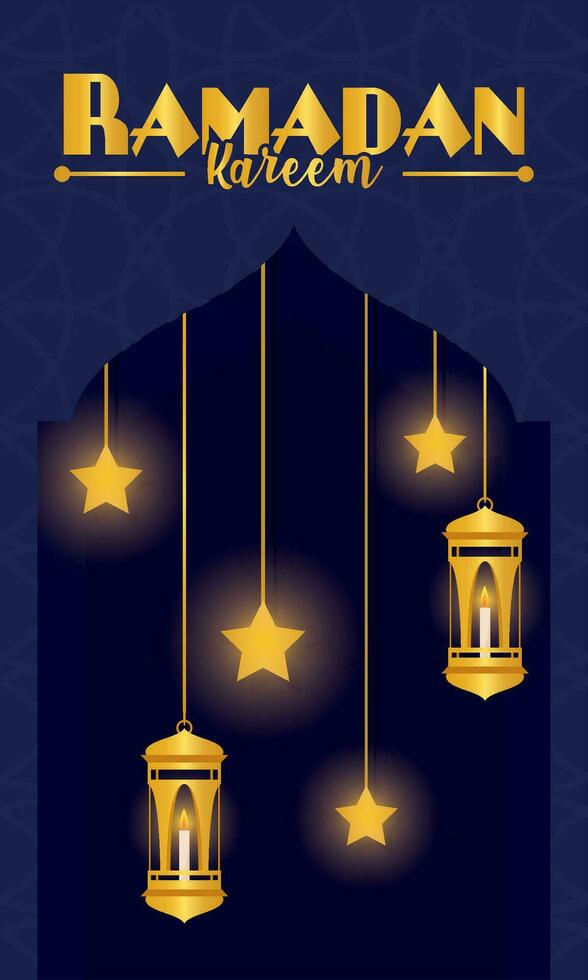 Golden lanterns and star shapes on arab mosque window Ramadan kareem Vector