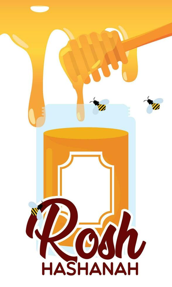 Isolated honey jar and honey stick Rosh Hashanah Vector