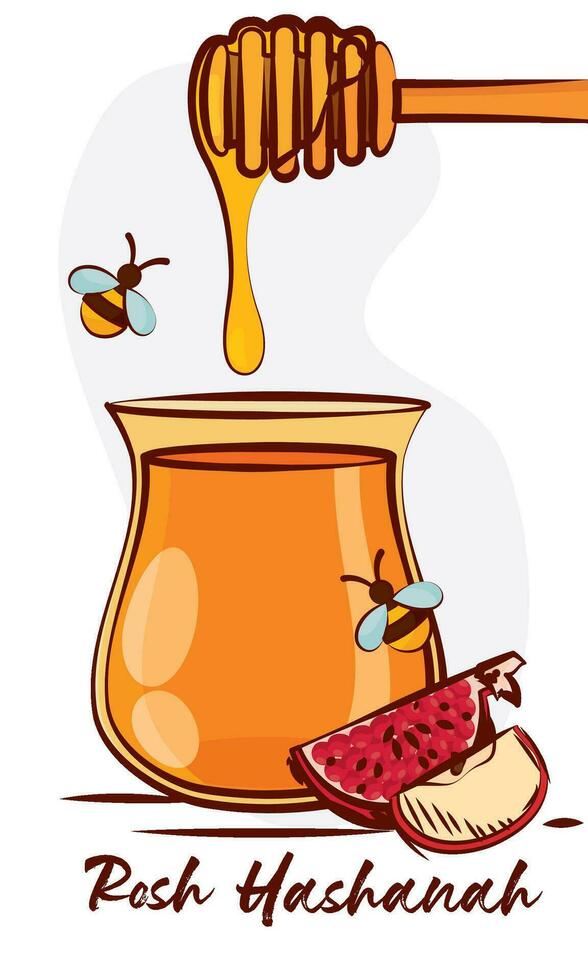 Isolated sketch of honey jar with bees and fruits Rosh Hashanah Vector