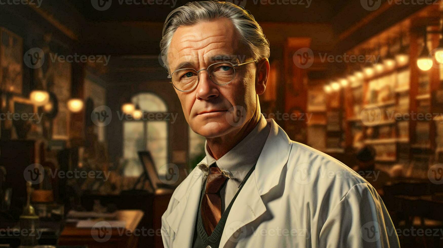 Old male doctor in a white coat in a hospital, medicine and healthcare concept photo