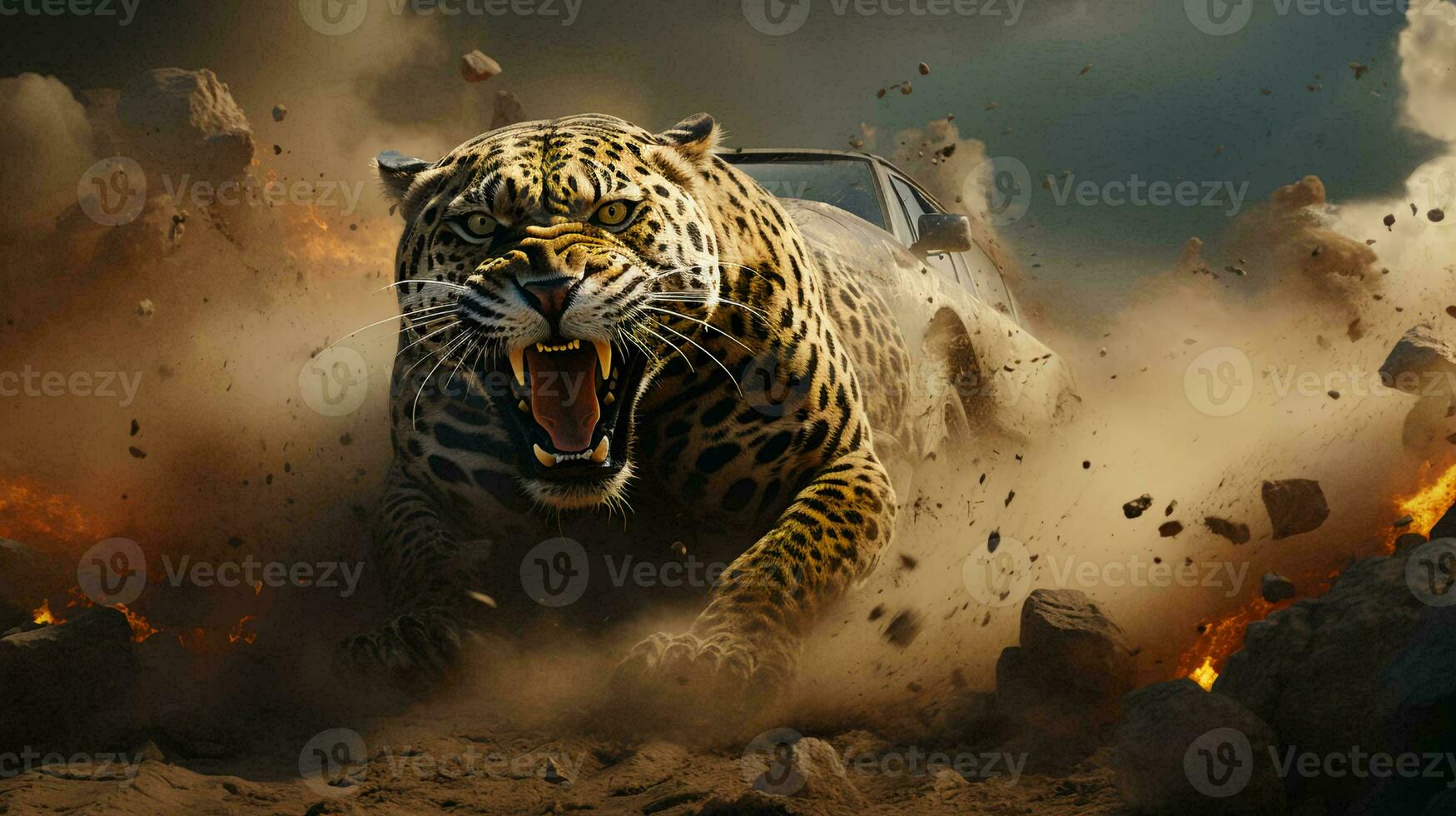 Running abstract tiger with open mouth in mud and dust photo