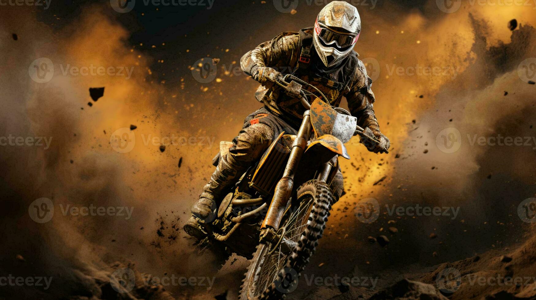 A motorcyclist on a motorcycle quickly rides through the dirt and dust on the track during a motocross competition photo