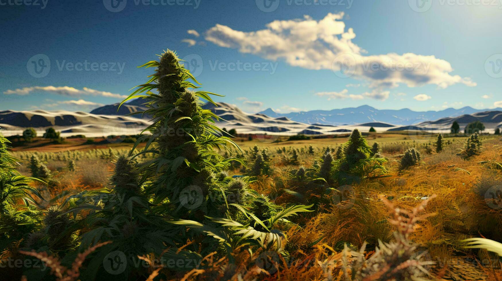 Green plants of natural cannabis bushes growing in nature photo
