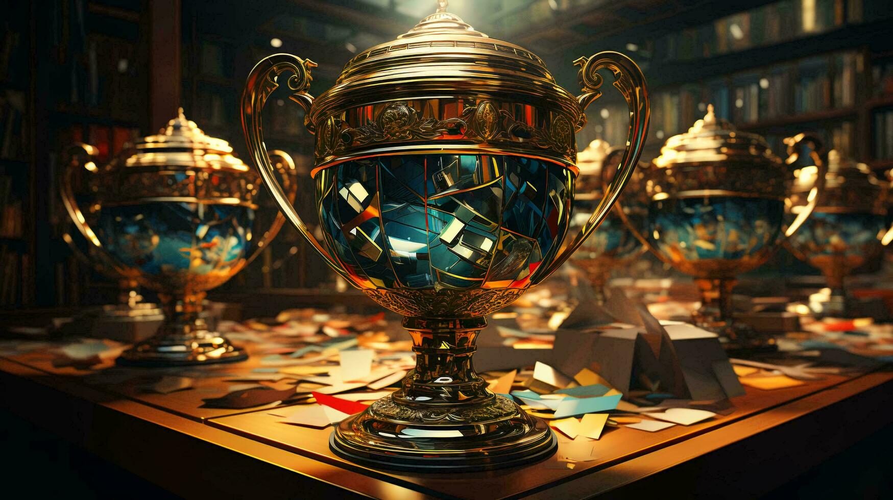 Golden cups of championship winners, concept of victory in competition and competition photo