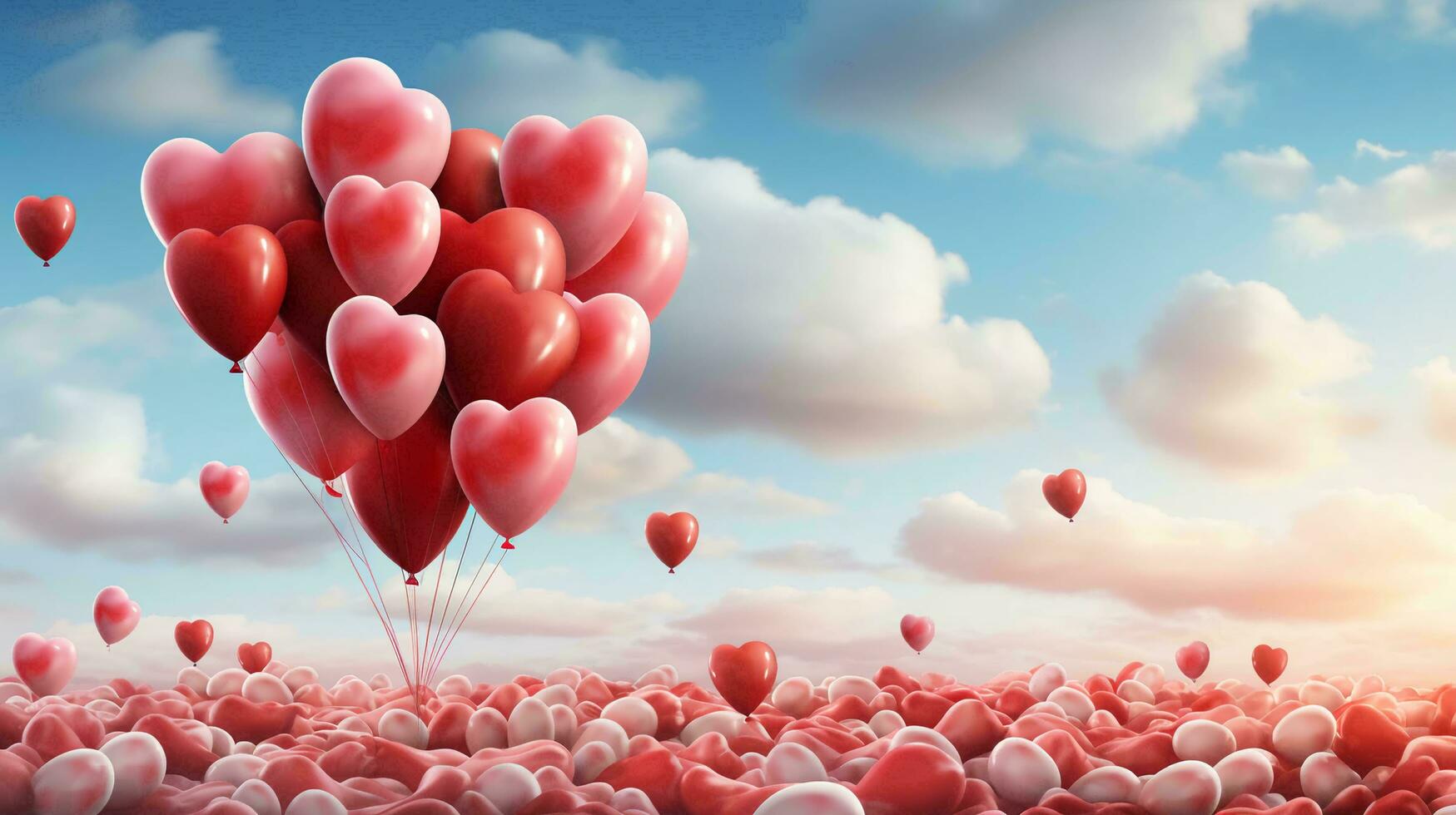 Beautiful love background of inflatable hearts of heart-shaped balloons for the holiday of all lovers, Valentine's Day photo