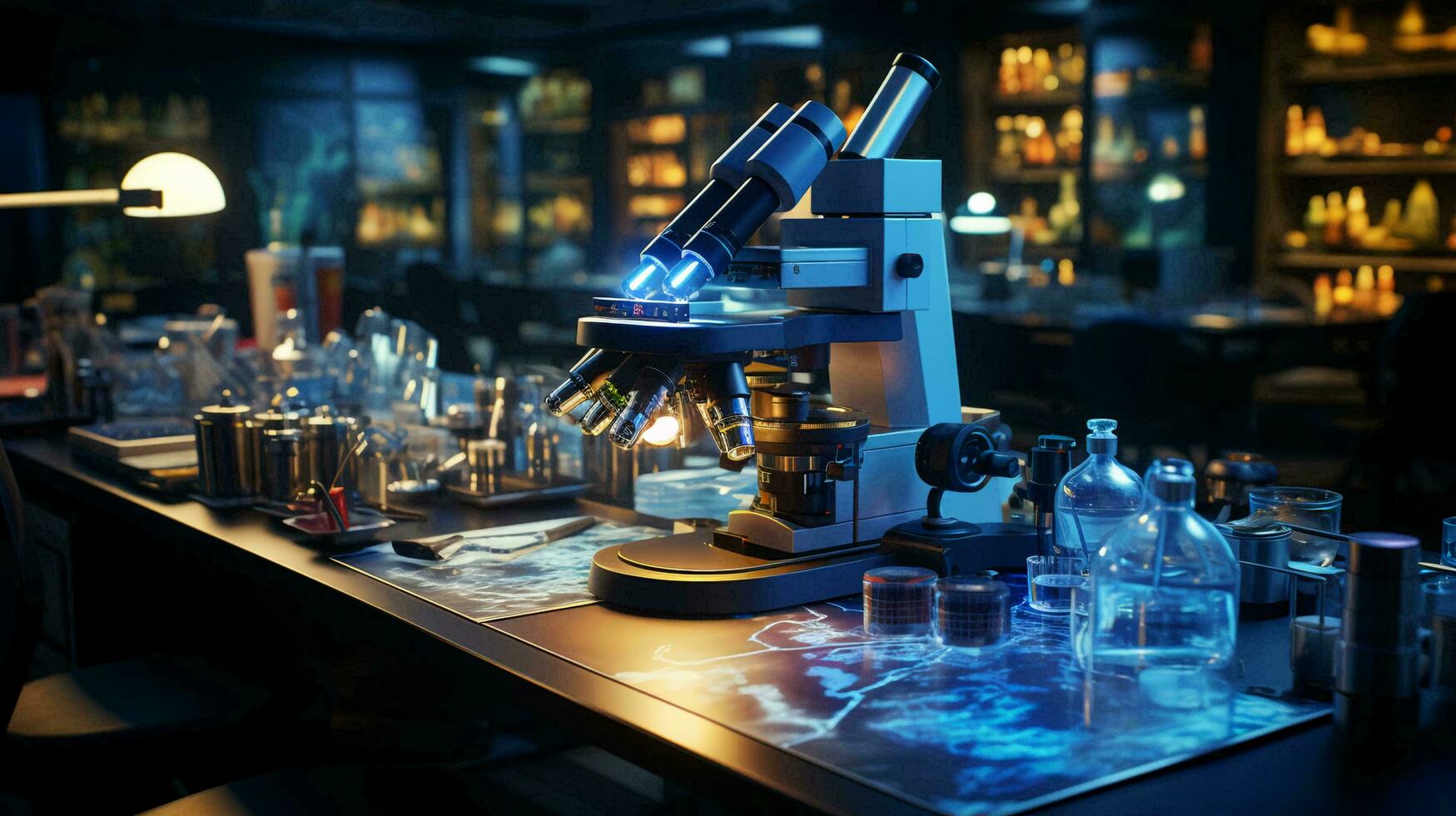 High tech futuristic digital microscope in scientific or medical laboratory for research photo