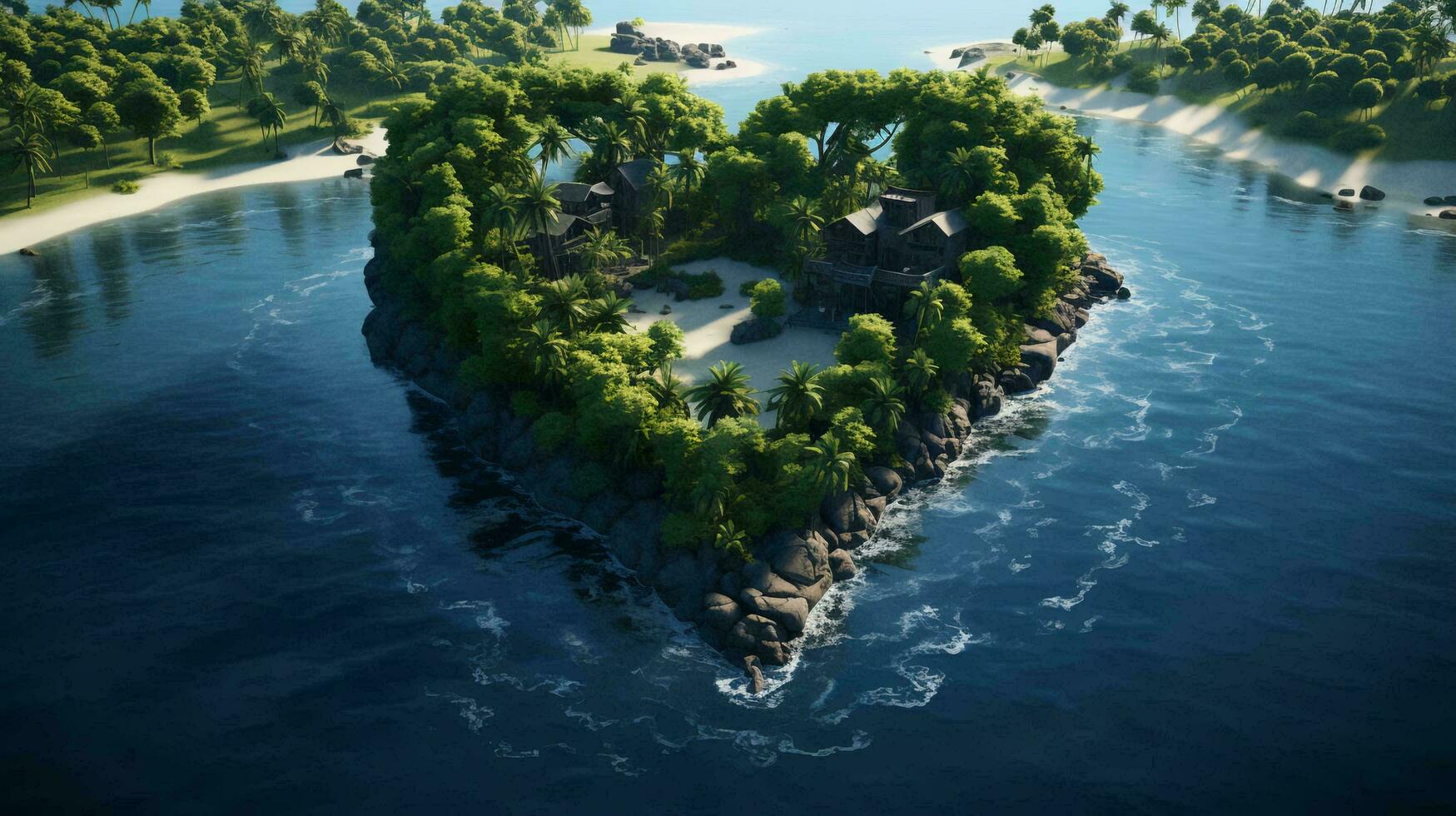 Paradise tropical green island in the shape of a heart with trees at a beach resort in the sea photo
