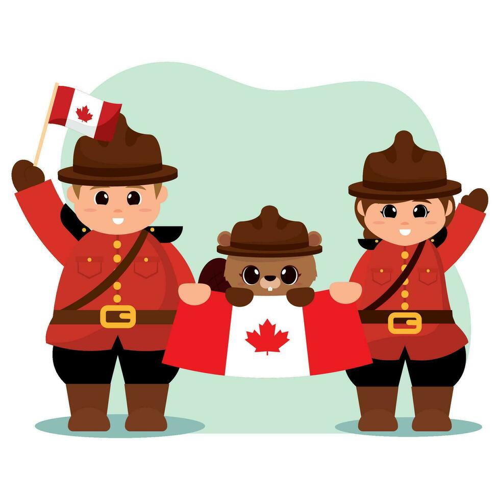 Cute forest ranger characters and a beaver with a hat Canada Vector