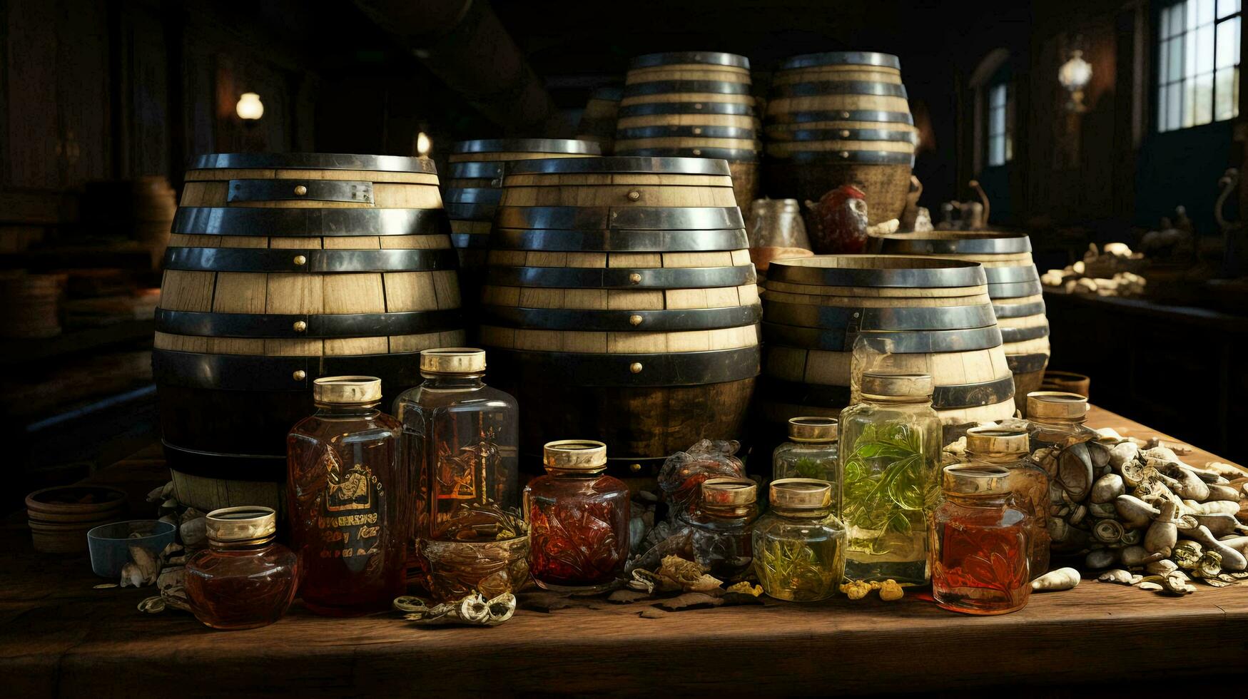 Wooden oak barrels with beer and wine in a wine cellar photo