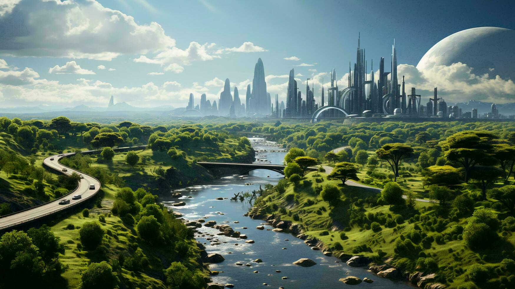 Green environmentally friendly city of the future with many green plants and alternative energy photo