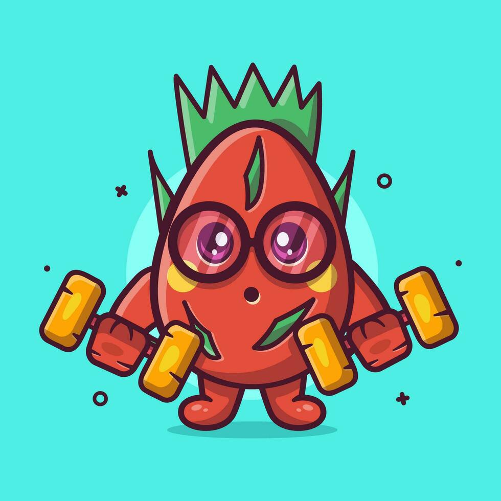 cute dragon fruit character mascot doing bodybuilding using dumbbell isolated cartoon in flat style design vector