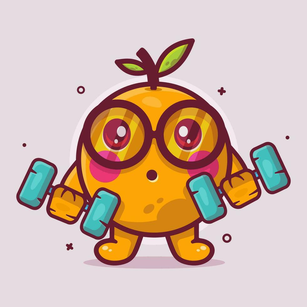 cute orange fruit character mascot doing bodybuilding using dumbbell isolated cartoon in flat style design vector