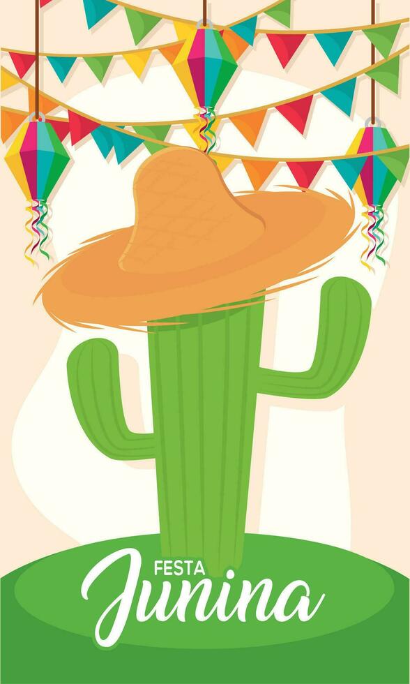 Colored festival ornaments and a cactus with a hat Festa Junina template Vector